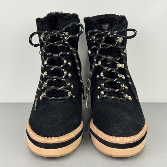 Kate Spade Willow Wedge Bootie Platform Suede Leather Shearling Black Women 9.5B - Picture 2 of 15